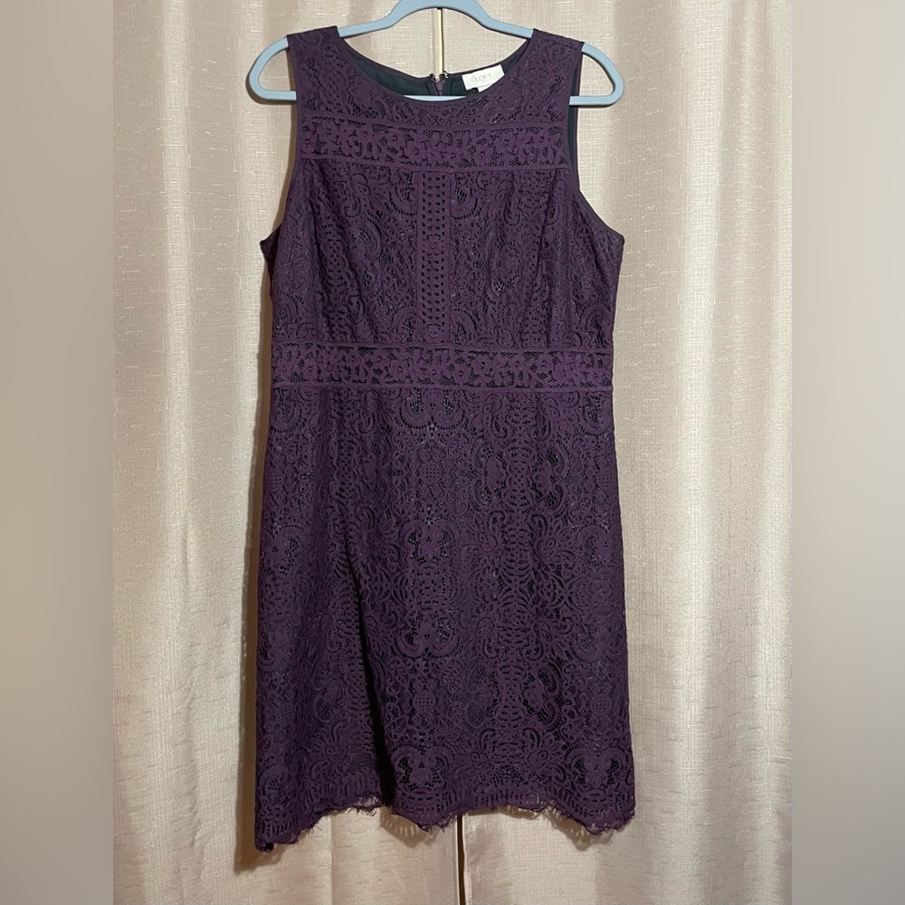 LOFT Elegant 14 Sleeveless Purple Lace Overlay Knee Length Dress GUC